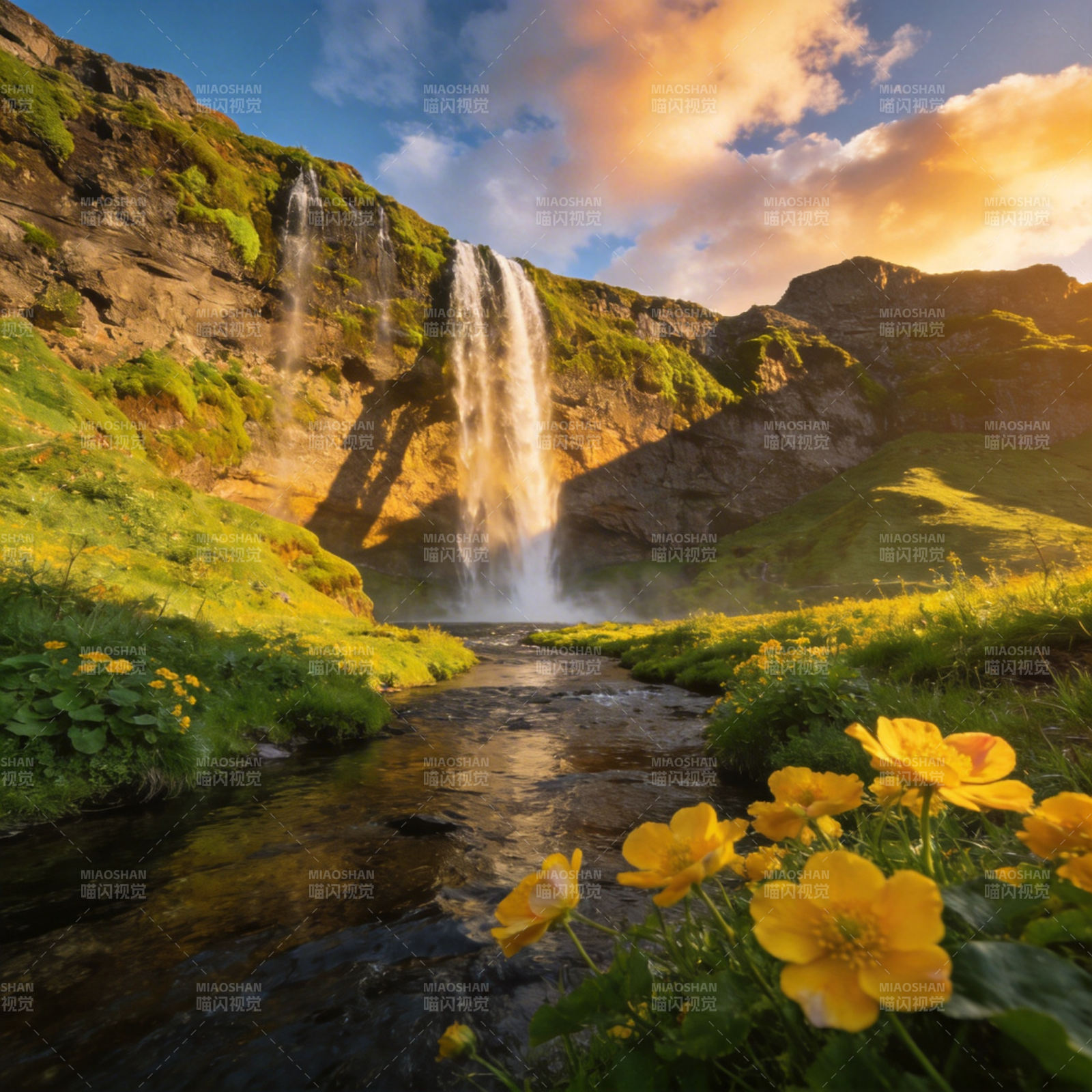 瀑布花海晨光图片