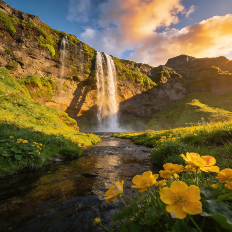 瀑布花海晨光图片