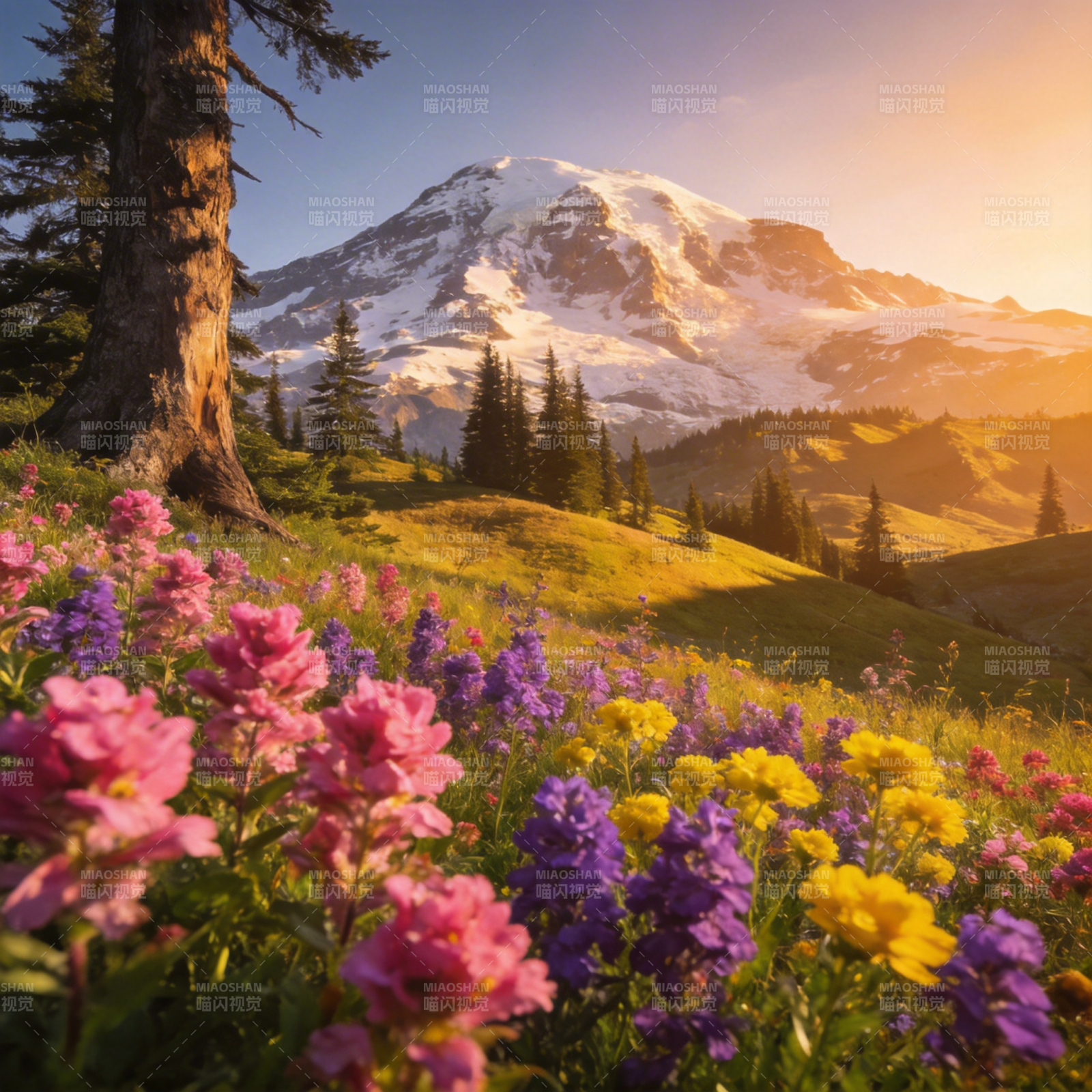 雪山花海晨光图片