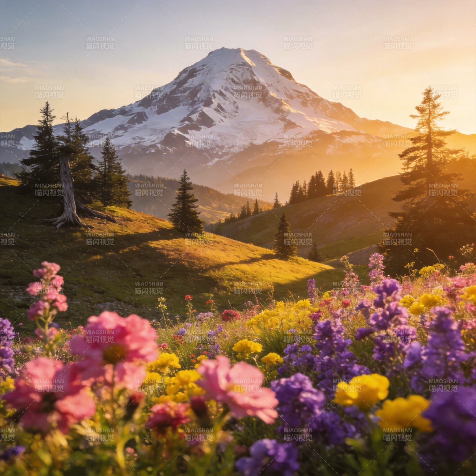 雪山花海晨光图片