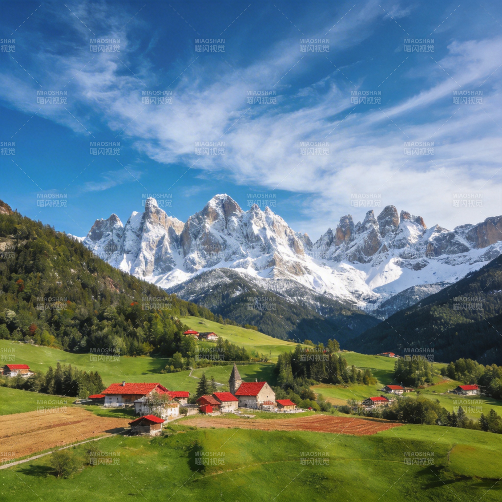 雪山下的宁静村落图片