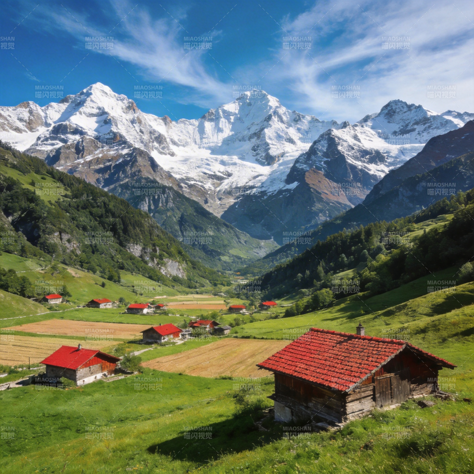 雪山下的田园风光图片