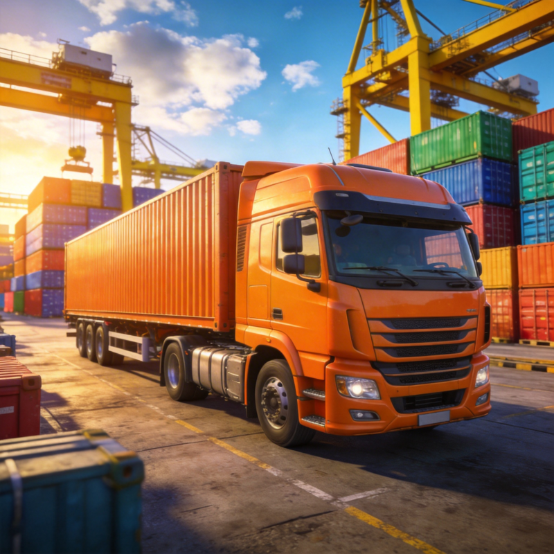 橙色卡车运货现场图片