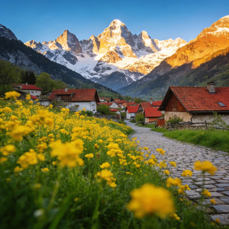 雪山下的花径图片