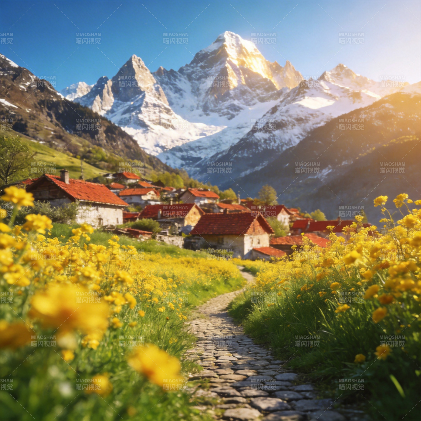 雪山花径村景图片