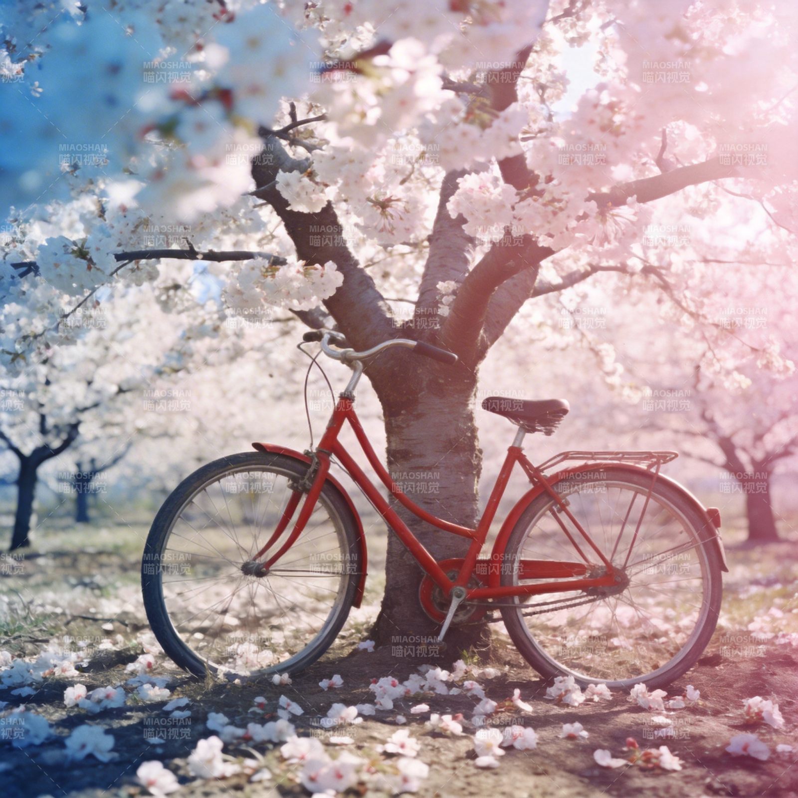樱花树下红单车图片