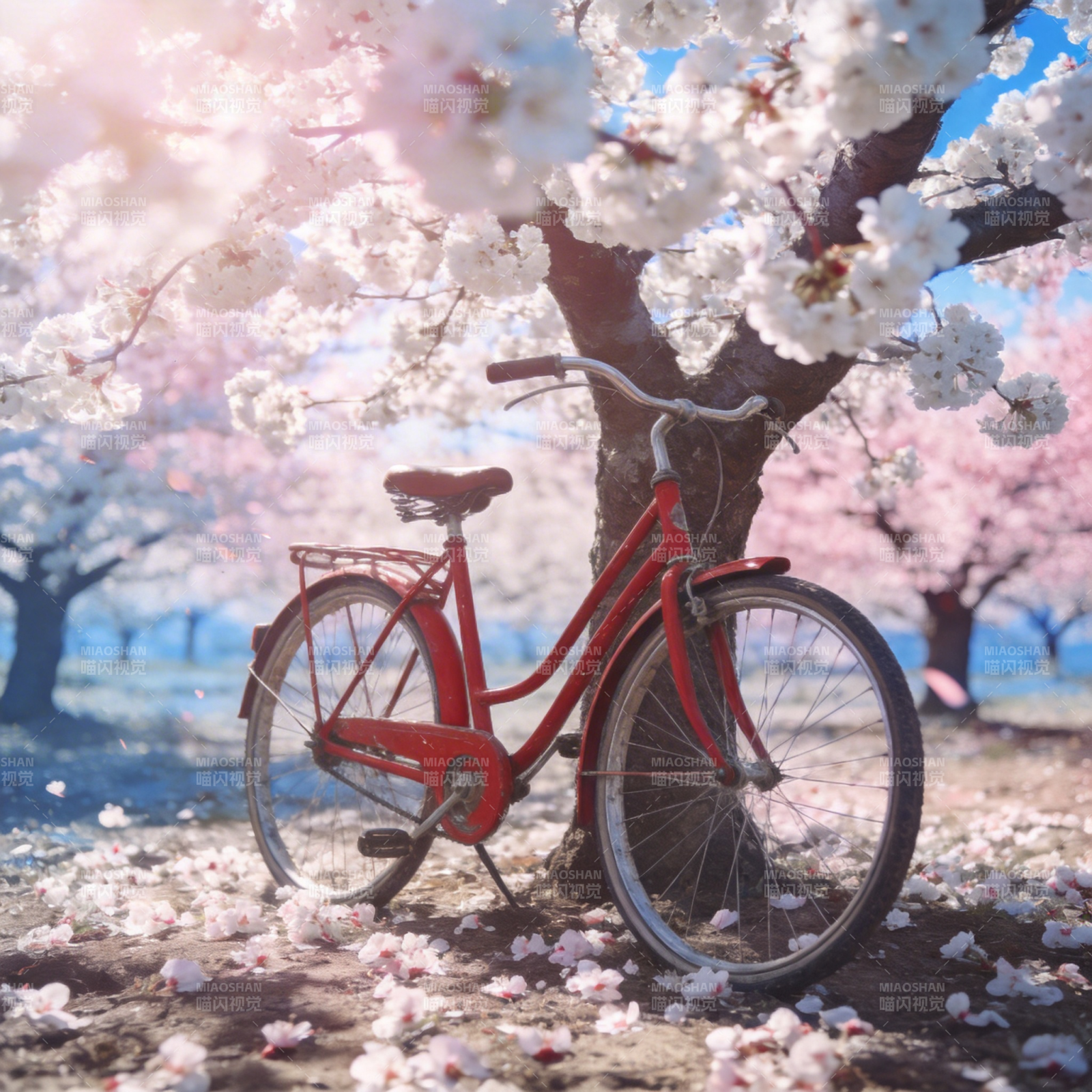 樱花树下红单车图片