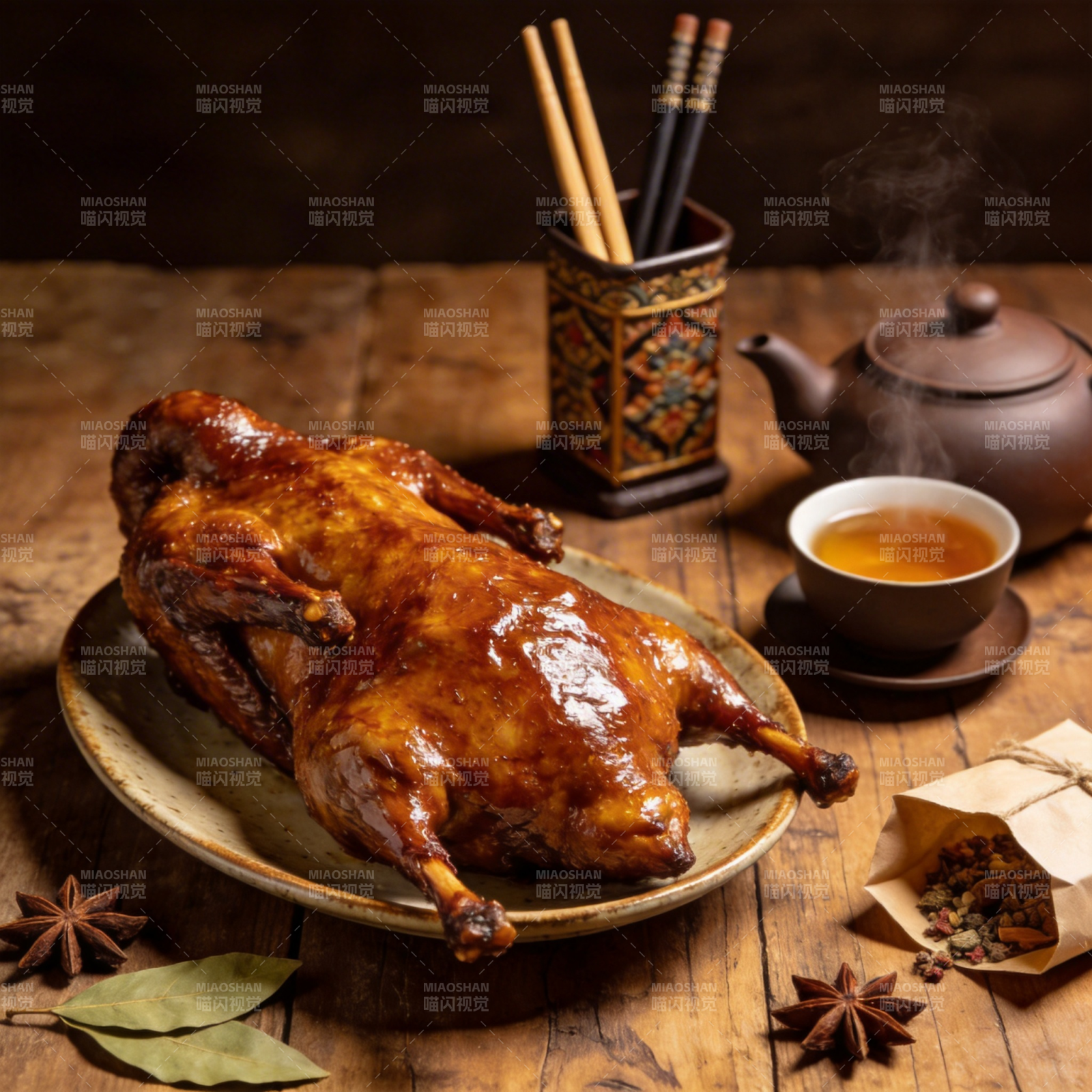 烤鸭配茶香四溢图片