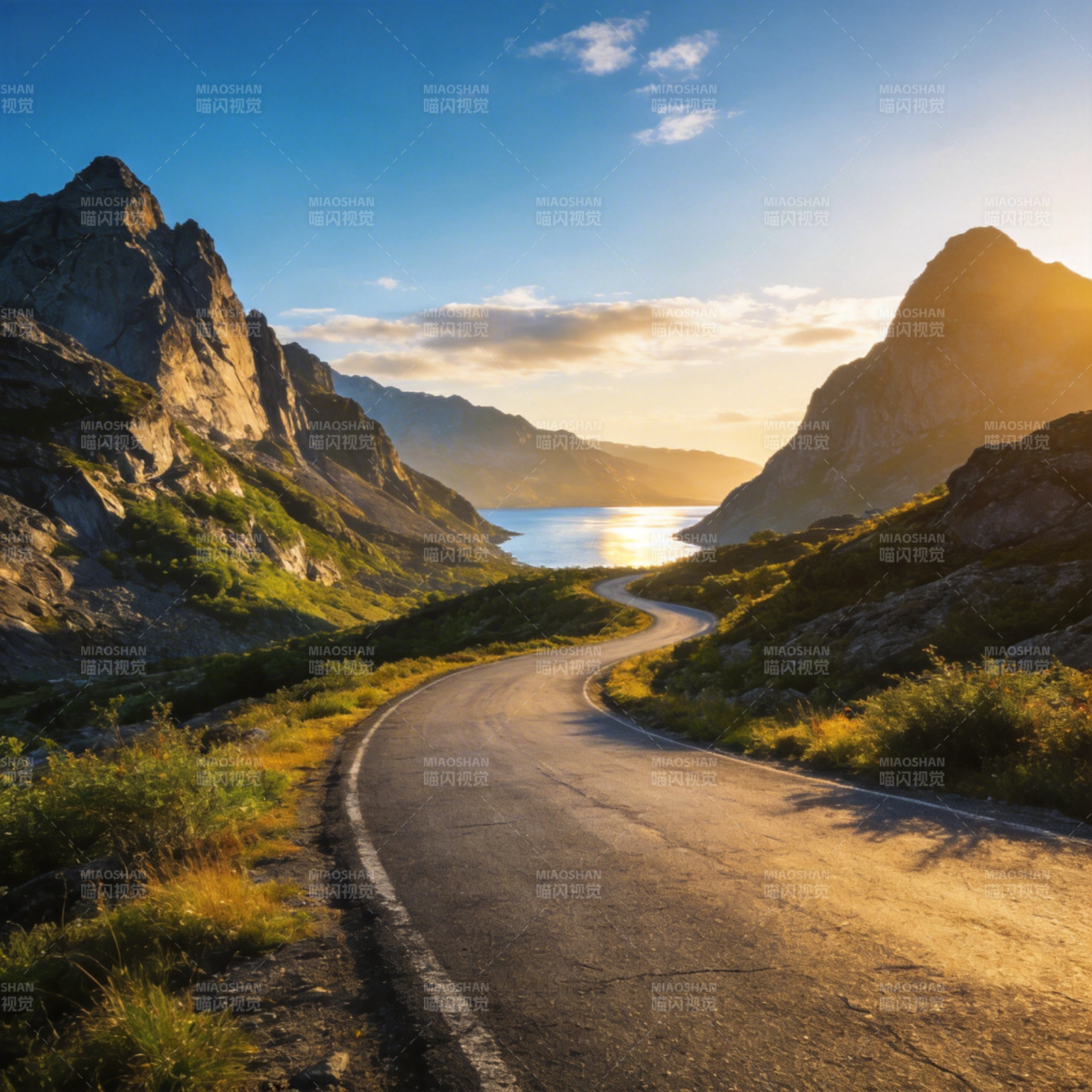 山间公路日出美景图片