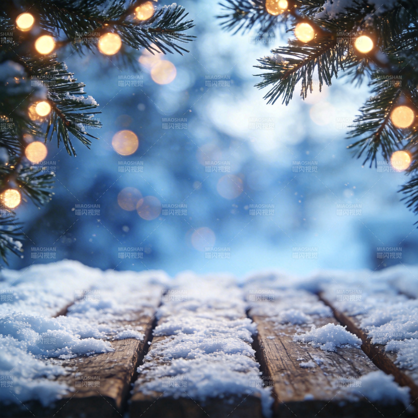 雪夜灯影松枝图片