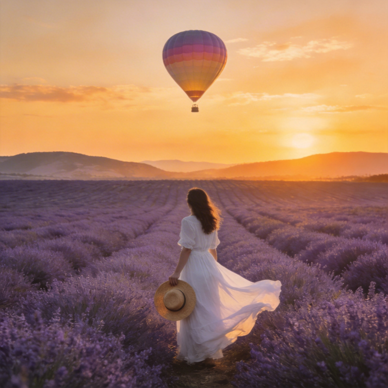 薰衣草田的热气球图片