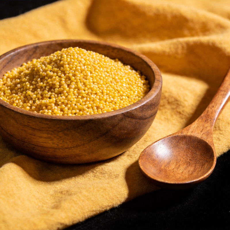 小米粒盛木碗中图片