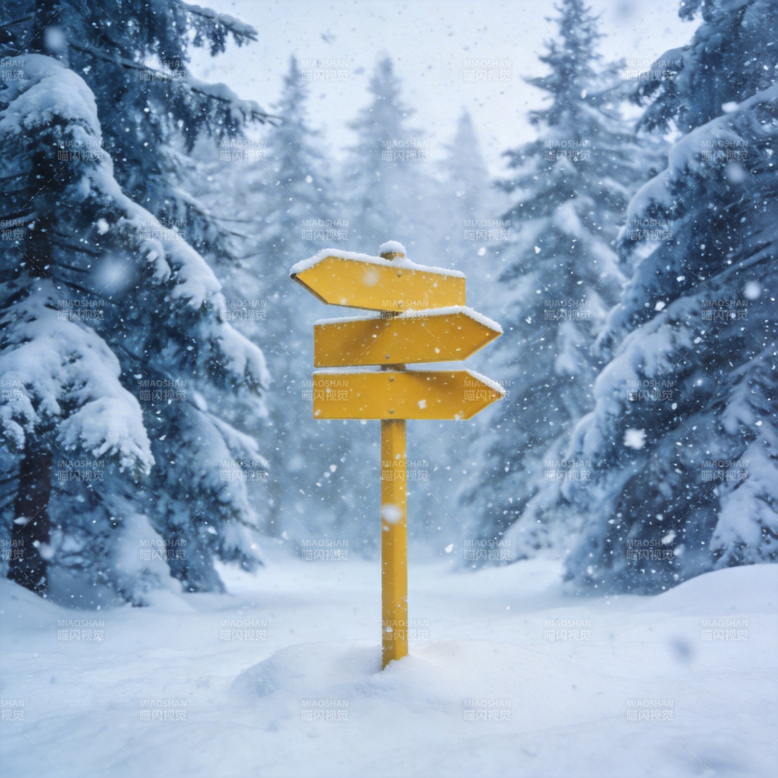 雪林中的黄色路标图片