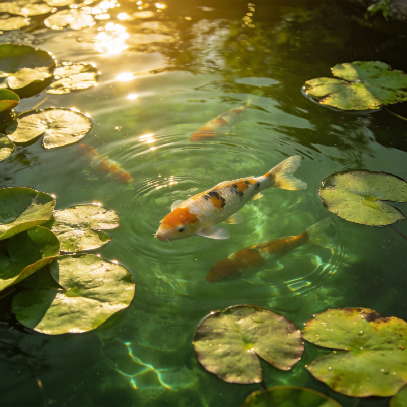 锦鲤戏水莲叶间图片