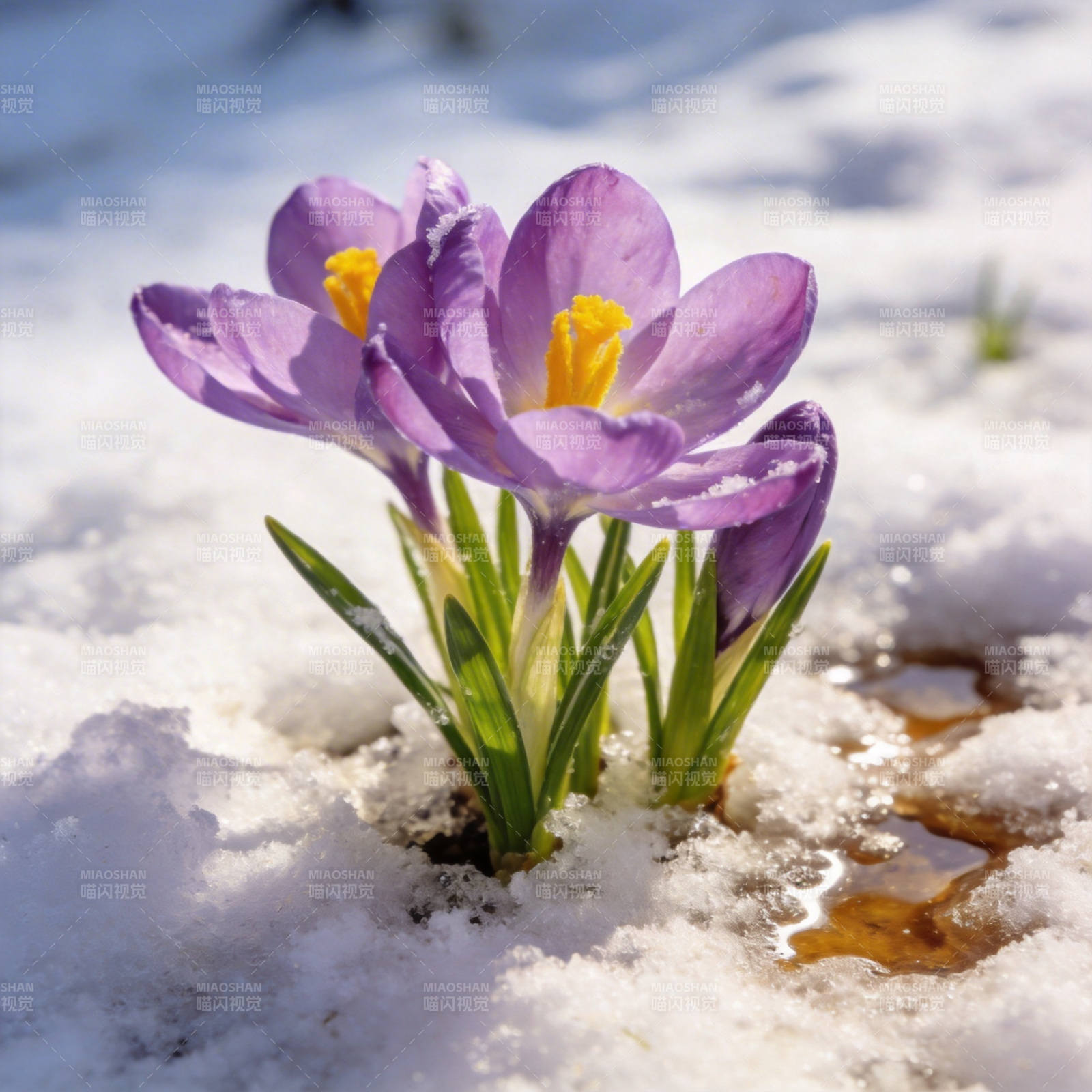 雪中紫花绽放图片