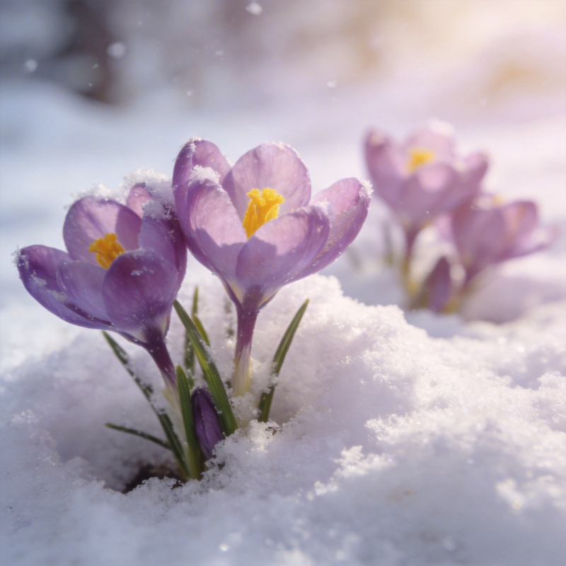 雪中紫花绽放图片