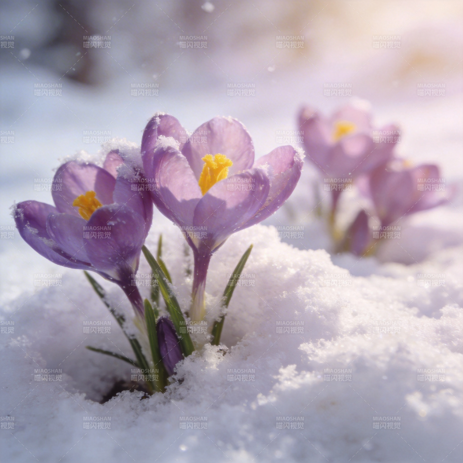 雪中紫花绽放图片