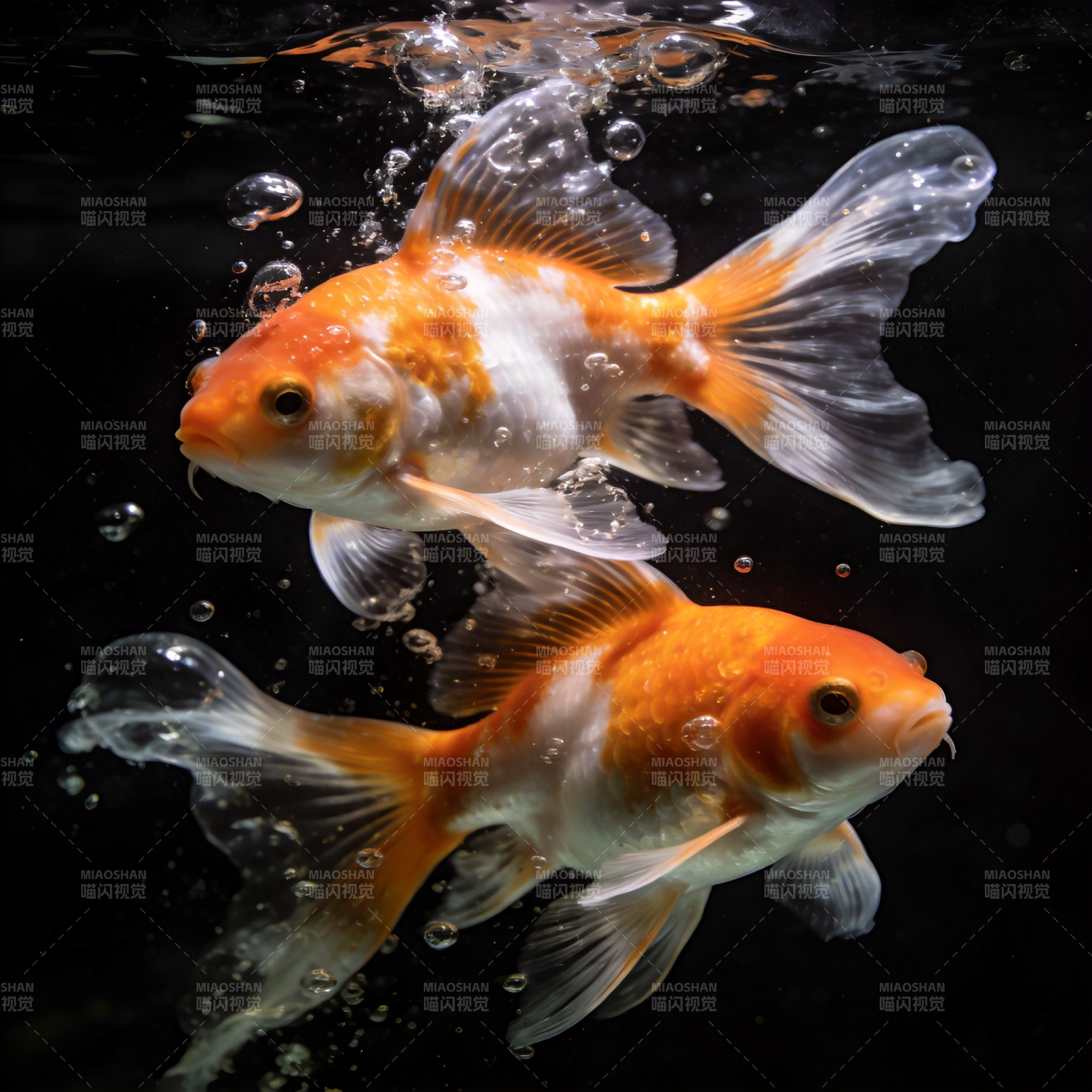 金鱼嬉戏水泡中图片