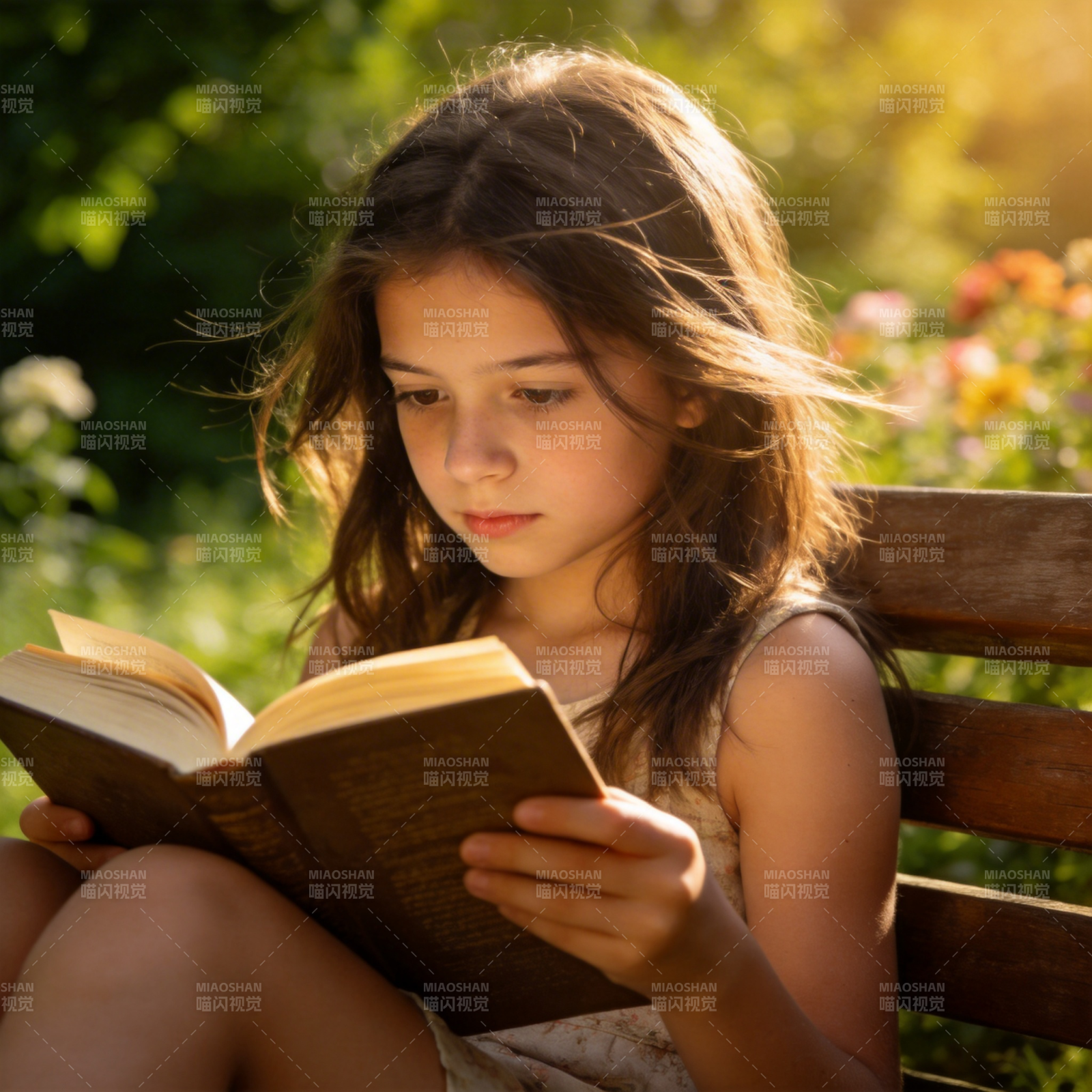 花园里读书的女孩图片