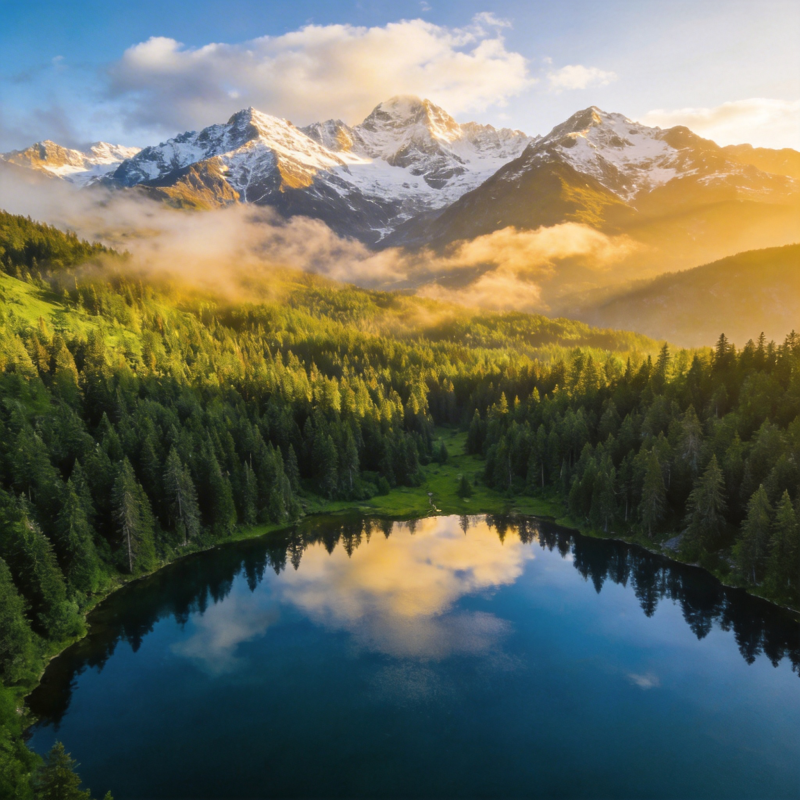 雪山映湖 云雾缭绕图片