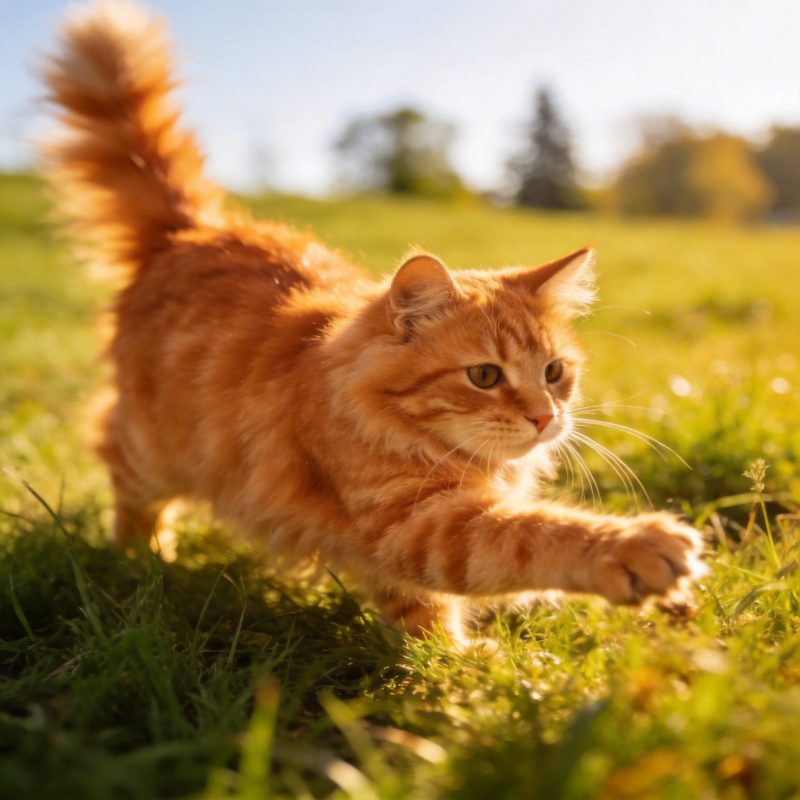 橙猫草地上奔跑图片