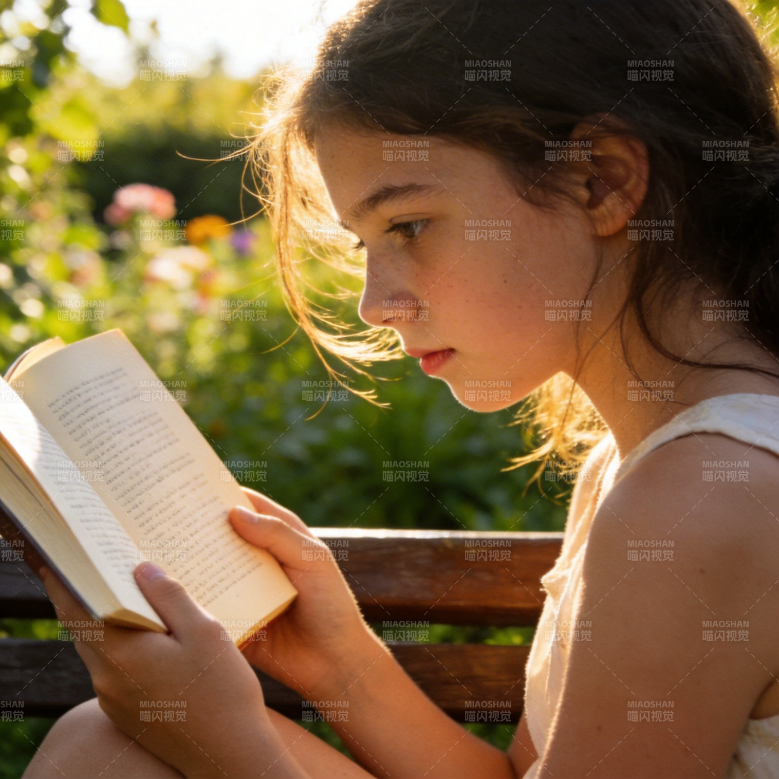 花园里读书的女孩图片