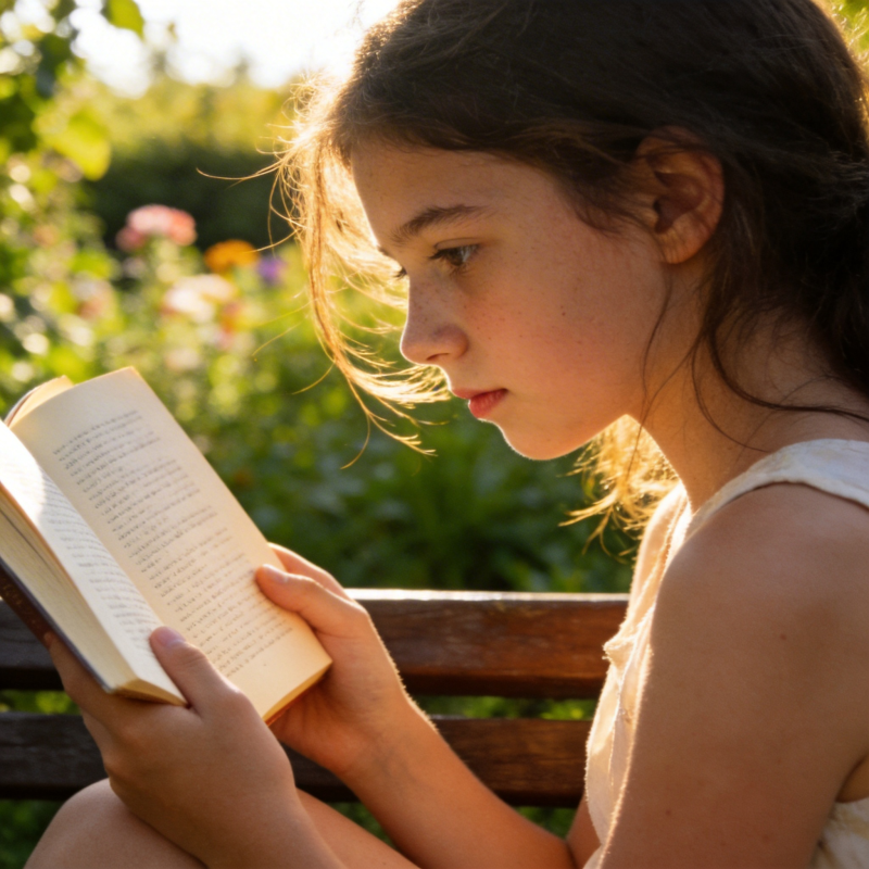 花园里读书的女孩图片