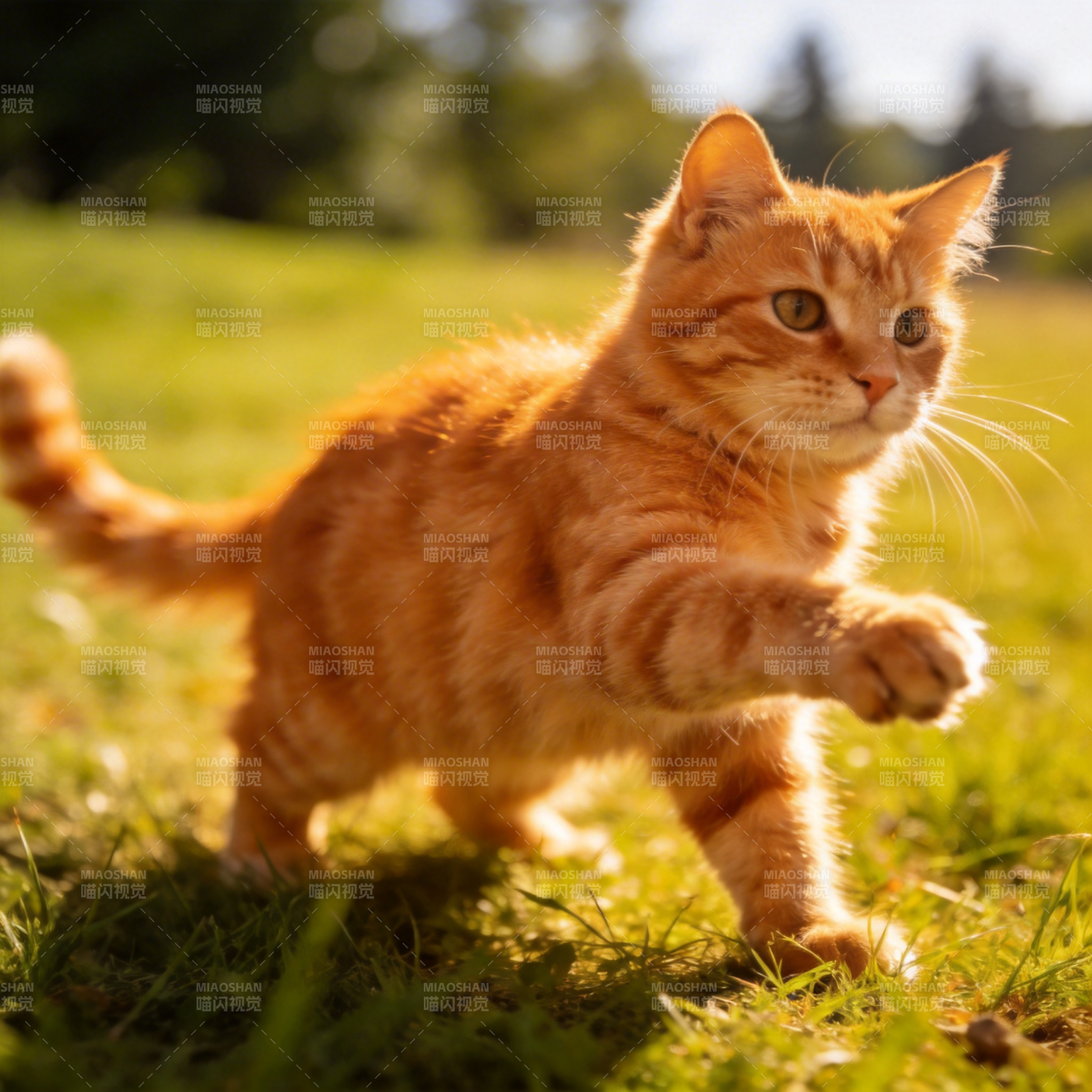 橙猫草地上奔跑图片