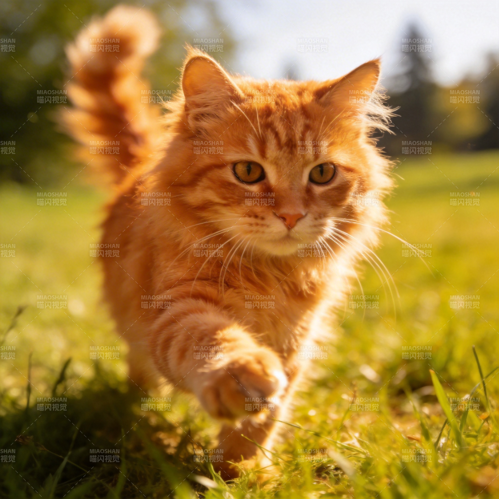 橙猫奔跑草地上图片