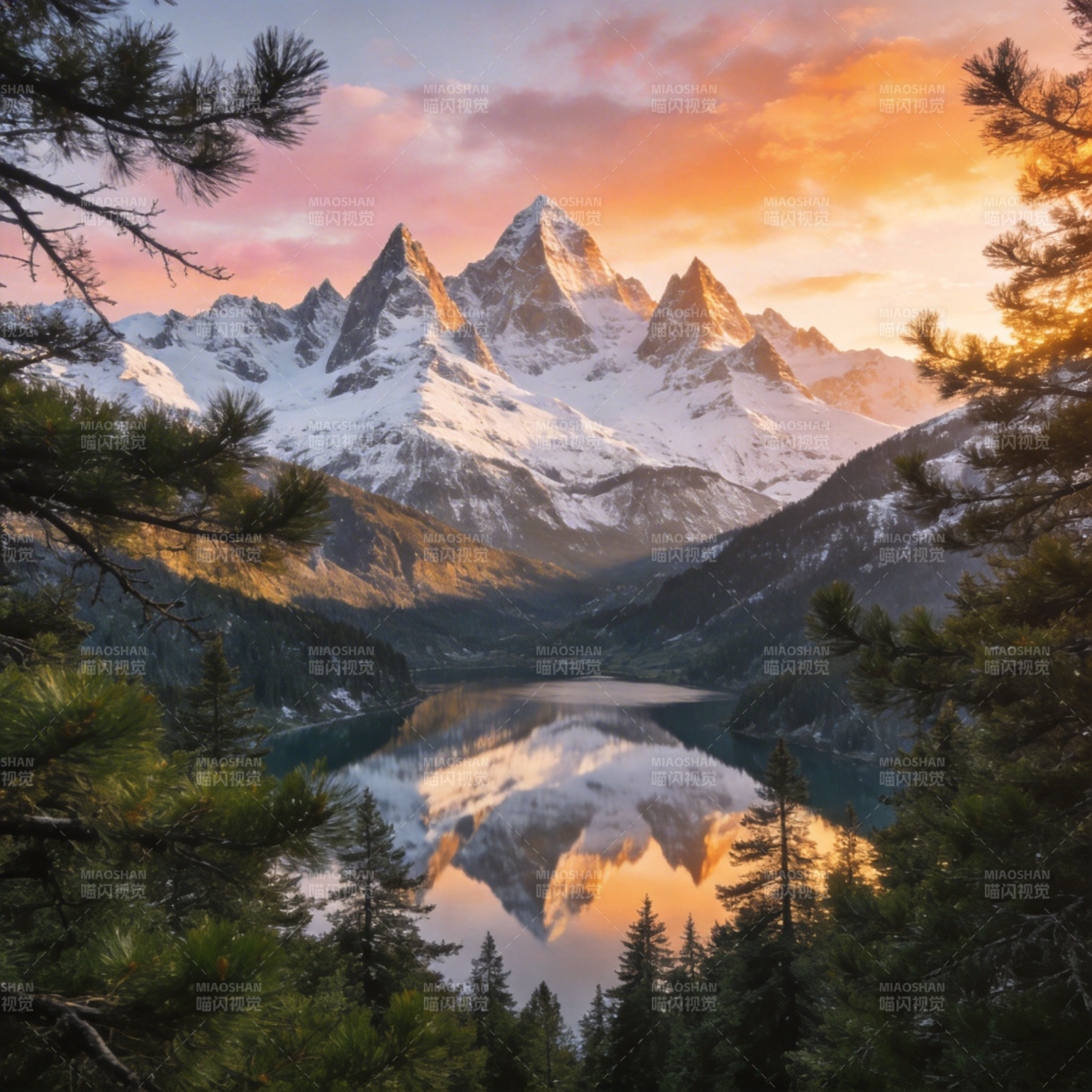 雪山映湖 晨曦如画图片