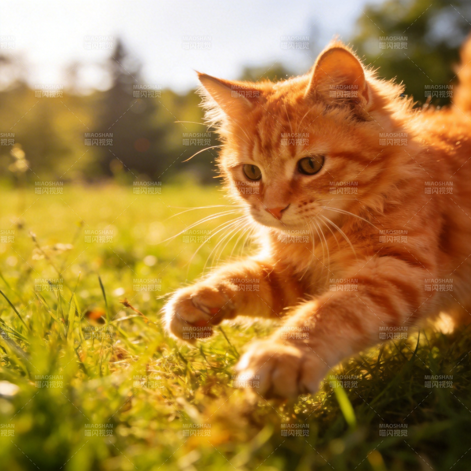 橙猫草地上奔跑图片