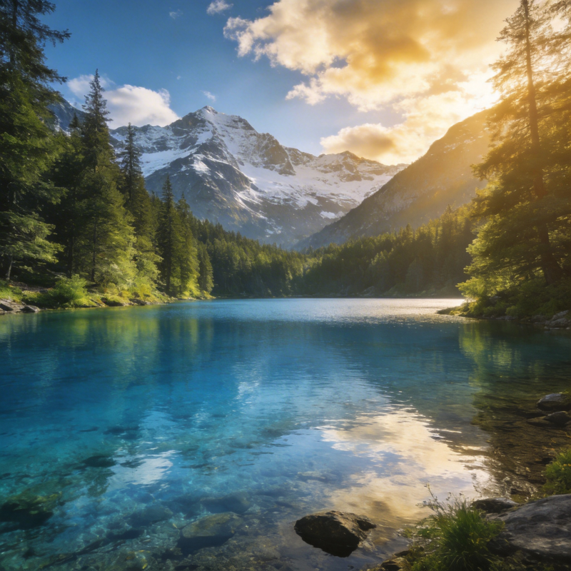 雪山湖光映翠林图片