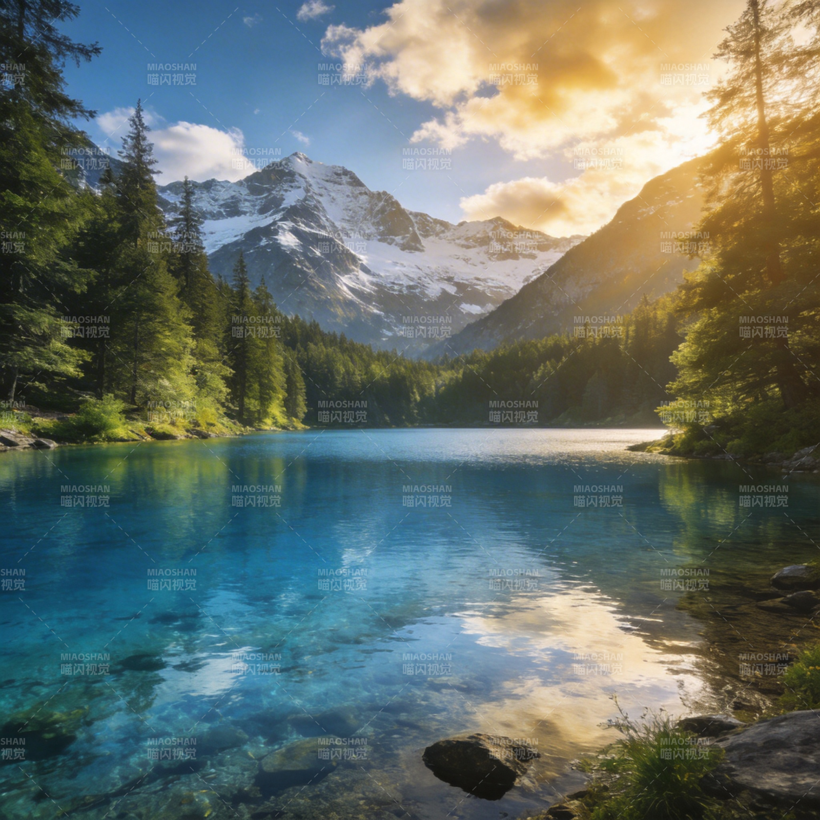 雪山湖光映翠林图片