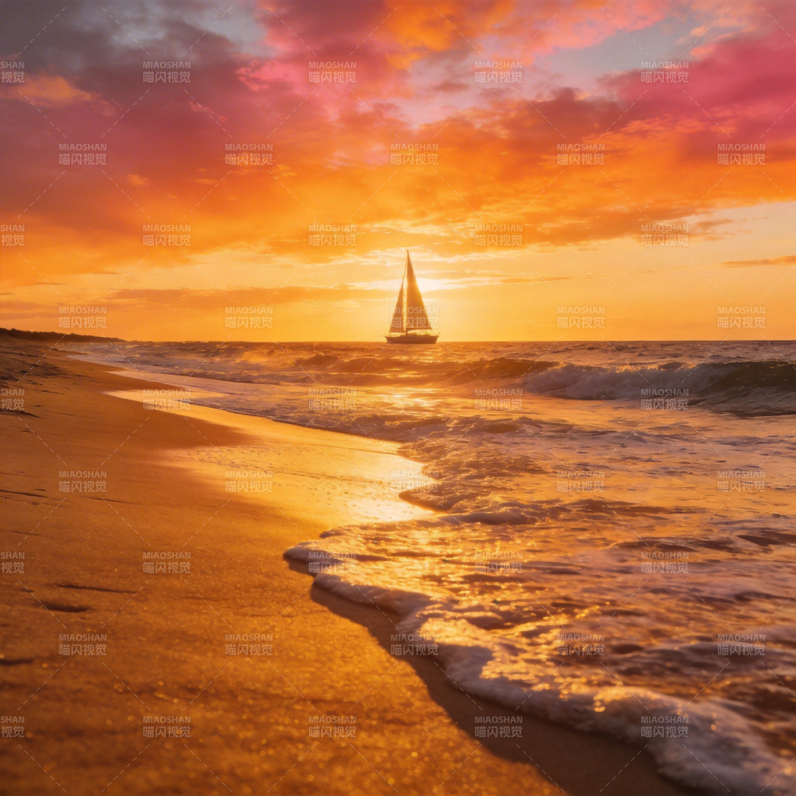 夕阳帆影海天间图片