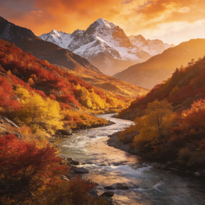 秋山溪流雪峰图片