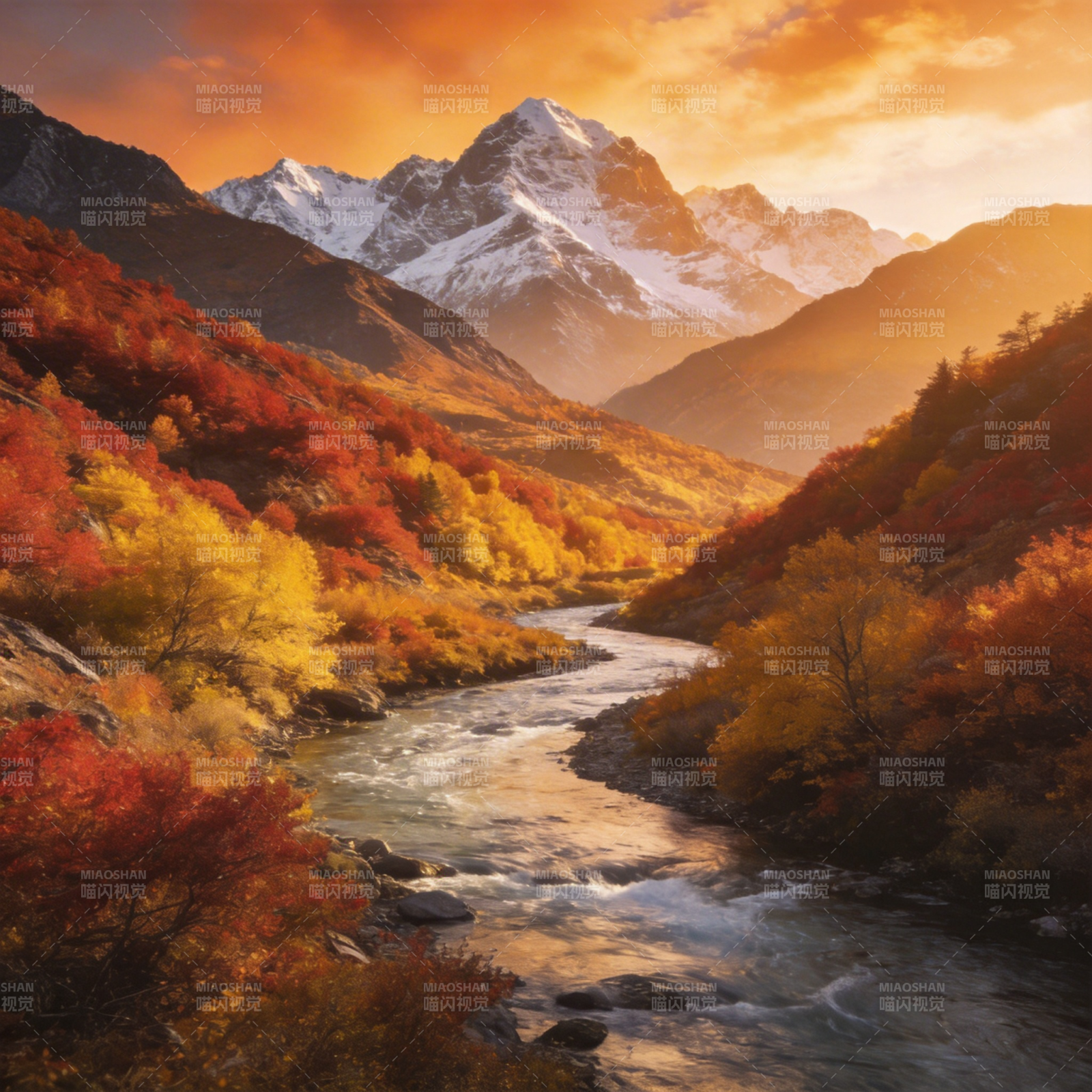 秋山溪流雪峰图片