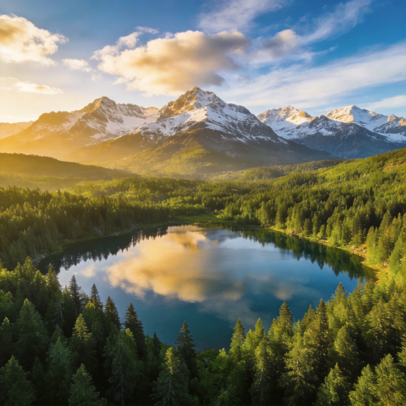 雪山映湖 林海晨光图片