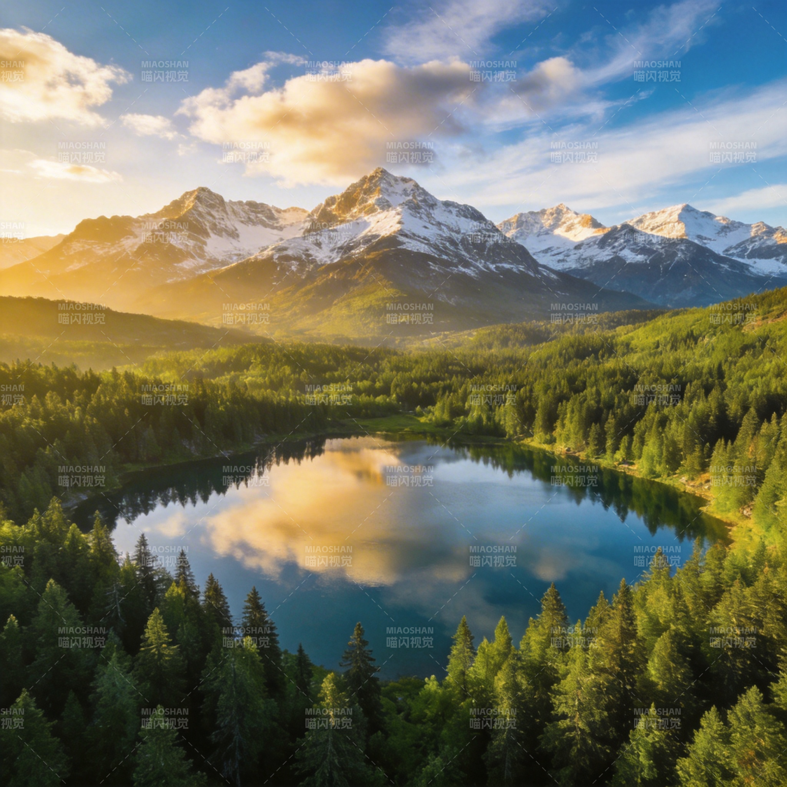 雪山映湖 林海晨光图片