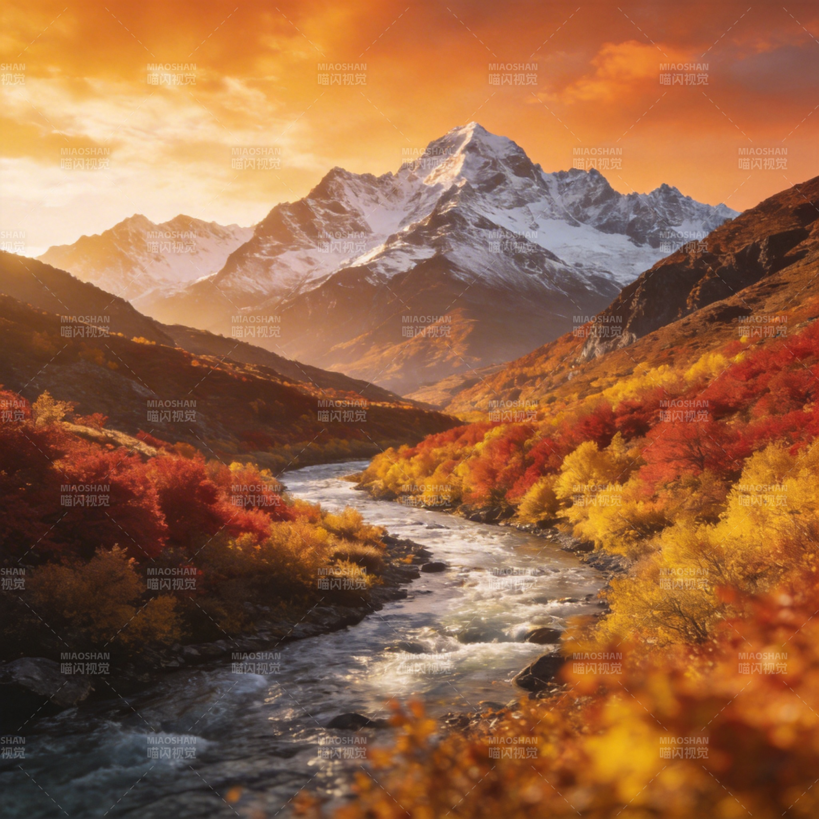 秋山雪峰溪流图片