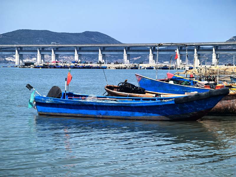 渔舟静泊海港旁图片