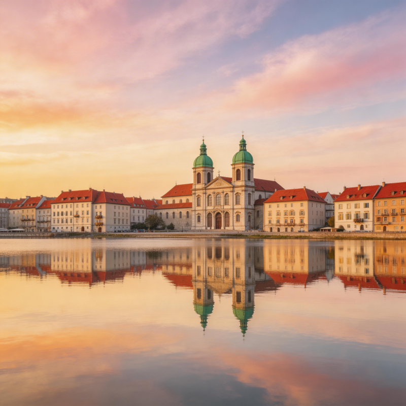 湖畔教堂倒影图片