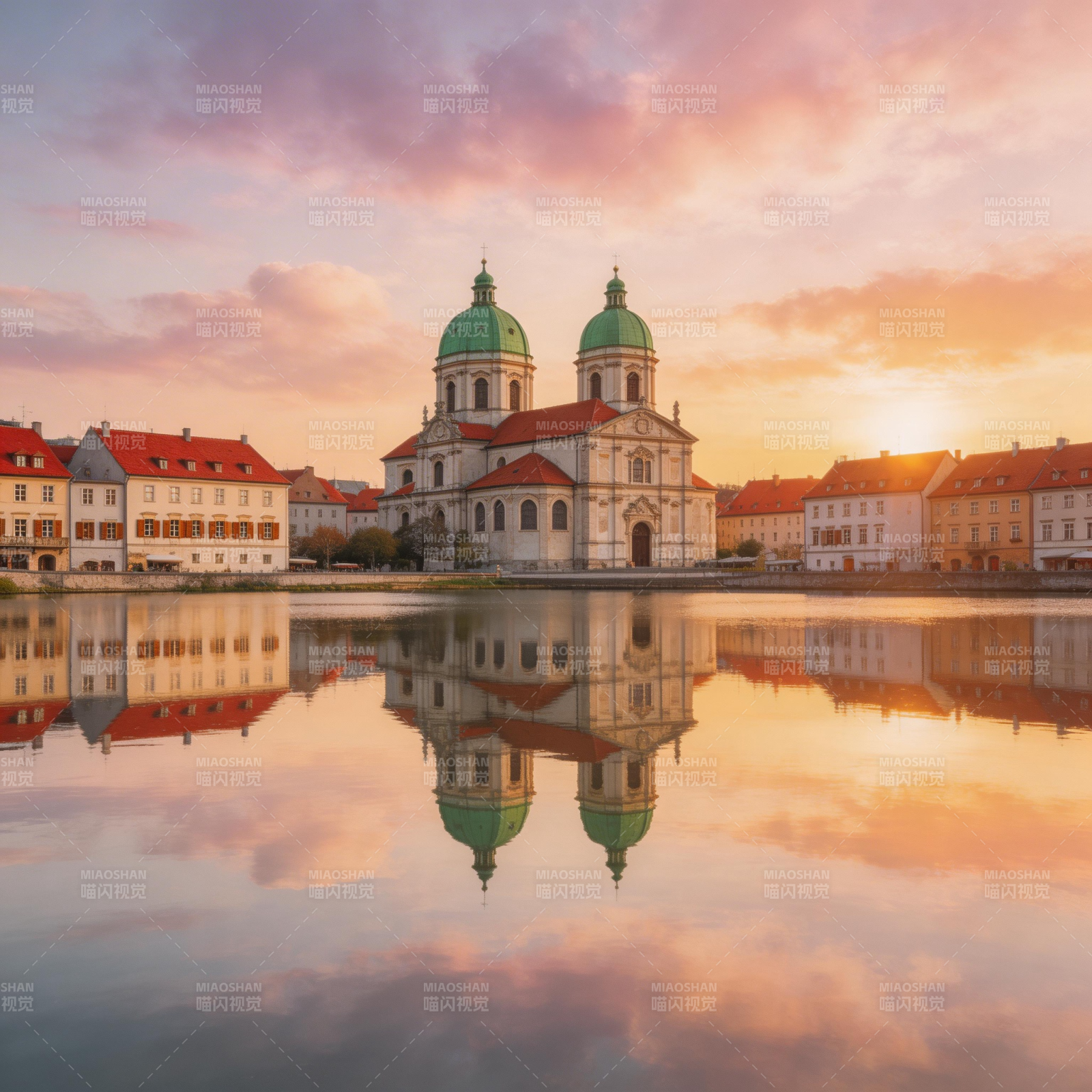 湖畔教堂倒影图片