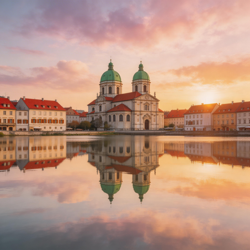 湖畔教堂倒影图片