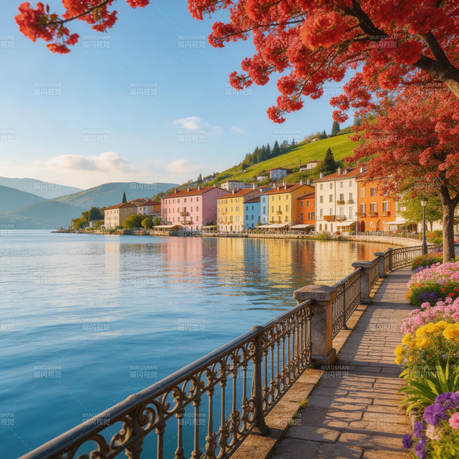 湖畔春色如画图片
