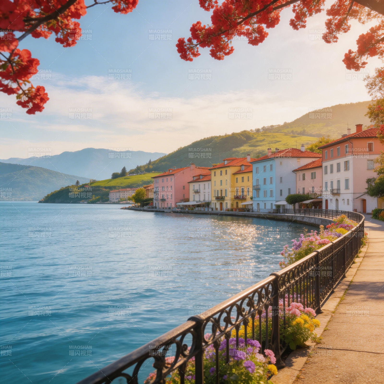 湖畔春色如画图片