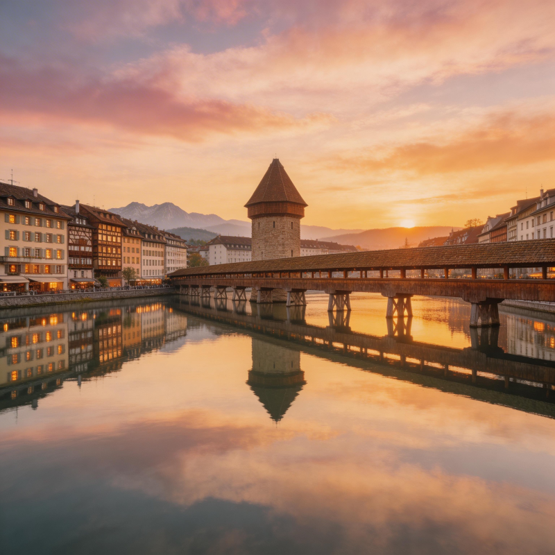 琉森湖畔夕阳桥图片