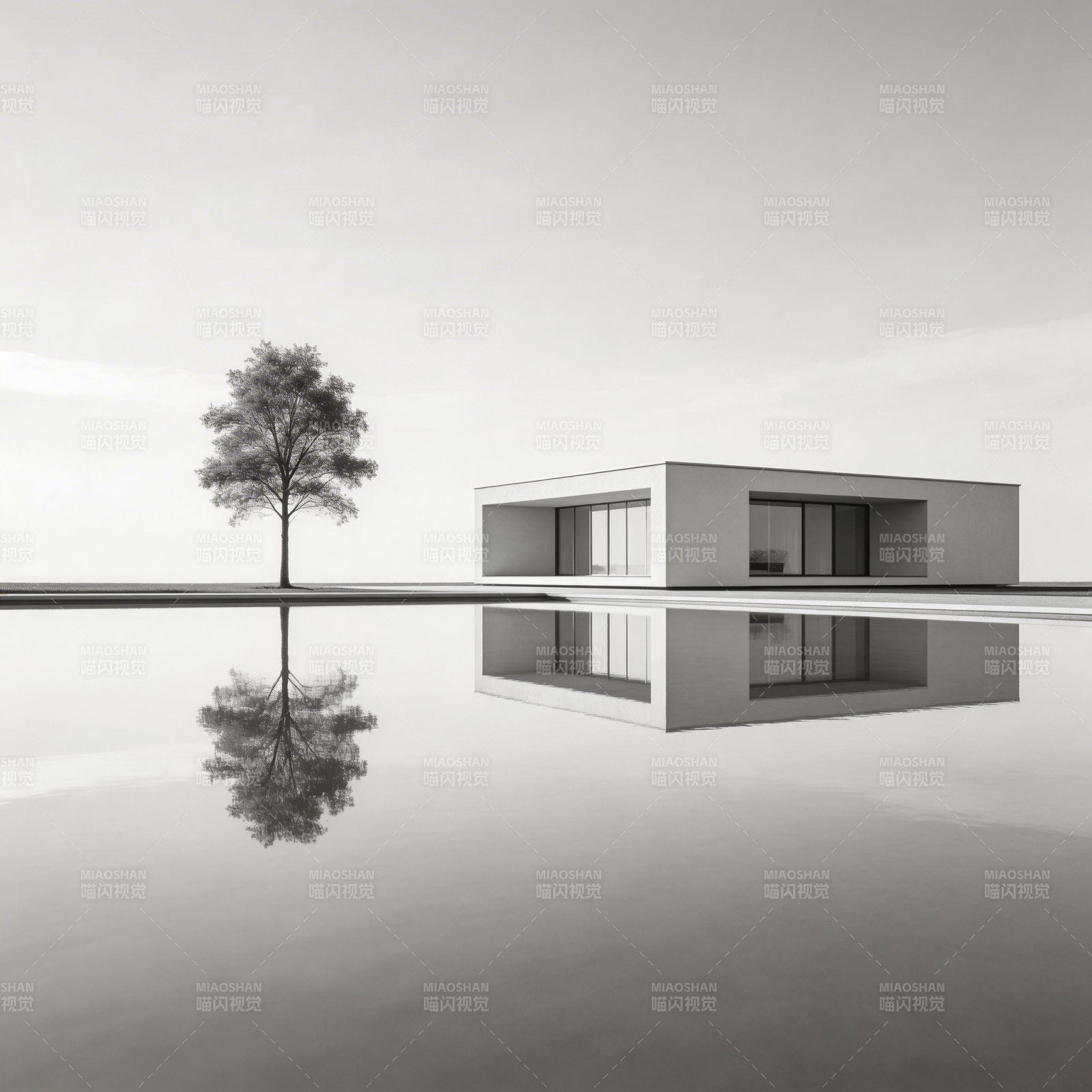 水畔孤树与现代屋图片