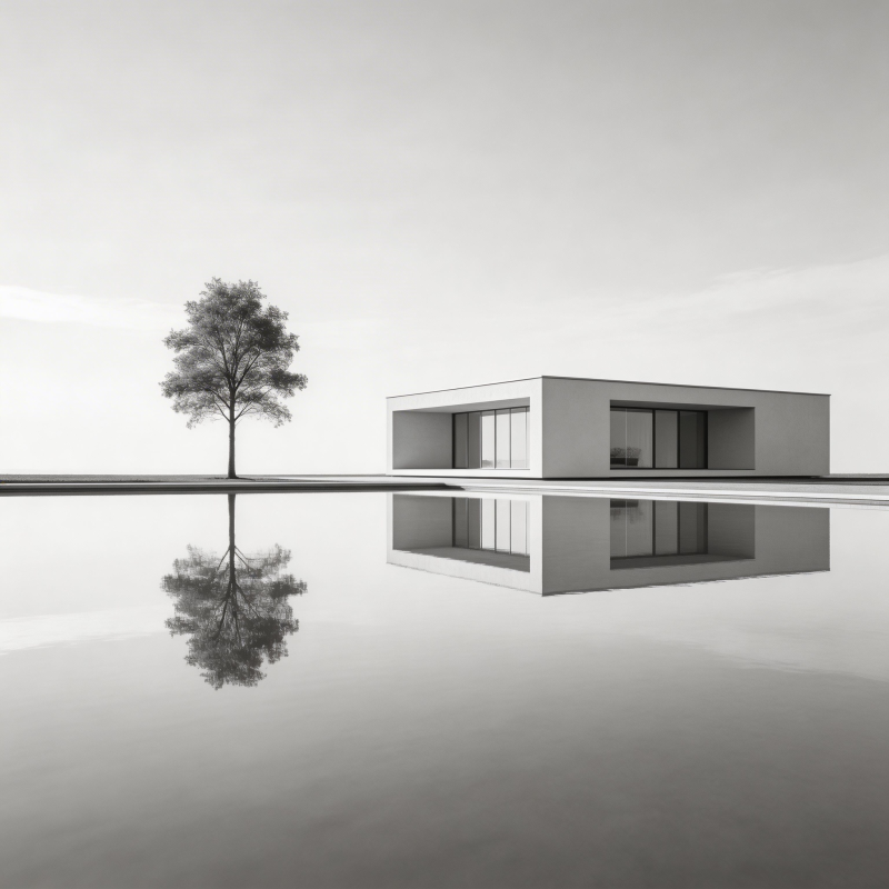 水畔孤树与现代屋图片