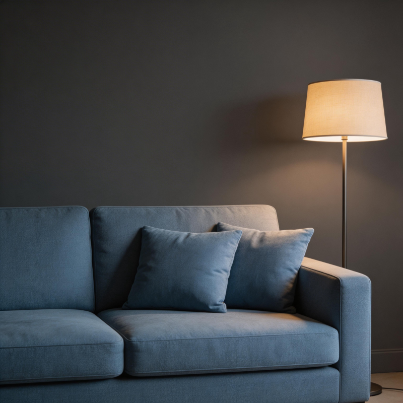 蓝沙发与暖灯图片