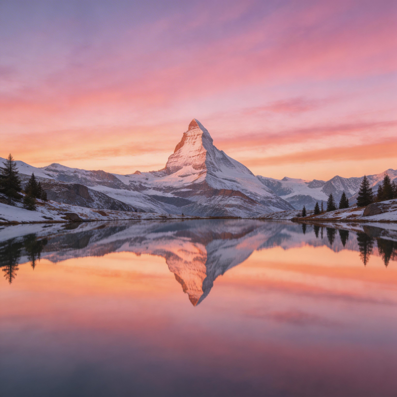 雪山倒影映朝霞图片